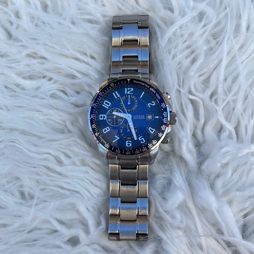 Guess silver watch with blue faceplate